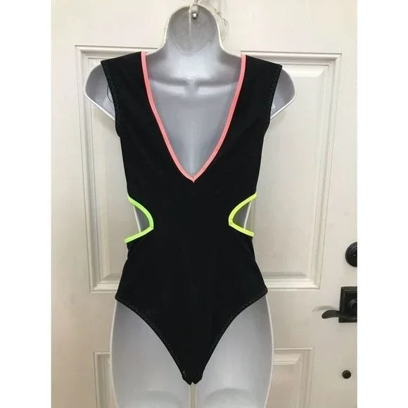Zara Women’s Black Cut Out Piping Neón Trim Zip Front Cheeky Swimsuit Sz S NWT - Picture 8 of 14